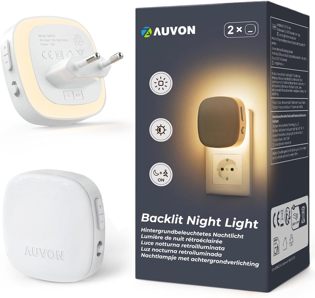 AUVON Nachtlicht Steckdose Mit Bewegungssensor Und Dämmerungssensor, 2 Stück Warmweißes LED Hinterleuchtete Nachtlicht Mit 1-50 Lm, Helligkeit Einstellbar Für Flur, Treppe, Schlafzimmer