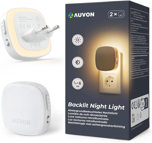 AUVON Nachtlicht Steckdose Mit Bewegungssensor Und Dämmerungssensor, 2 Stück Warmweißes LED Hinterleuchtete Nachtlicht Mit 1-50 Lm, Helligkeit Einstellbar Für Flur, Treppe, Schlafzimmer