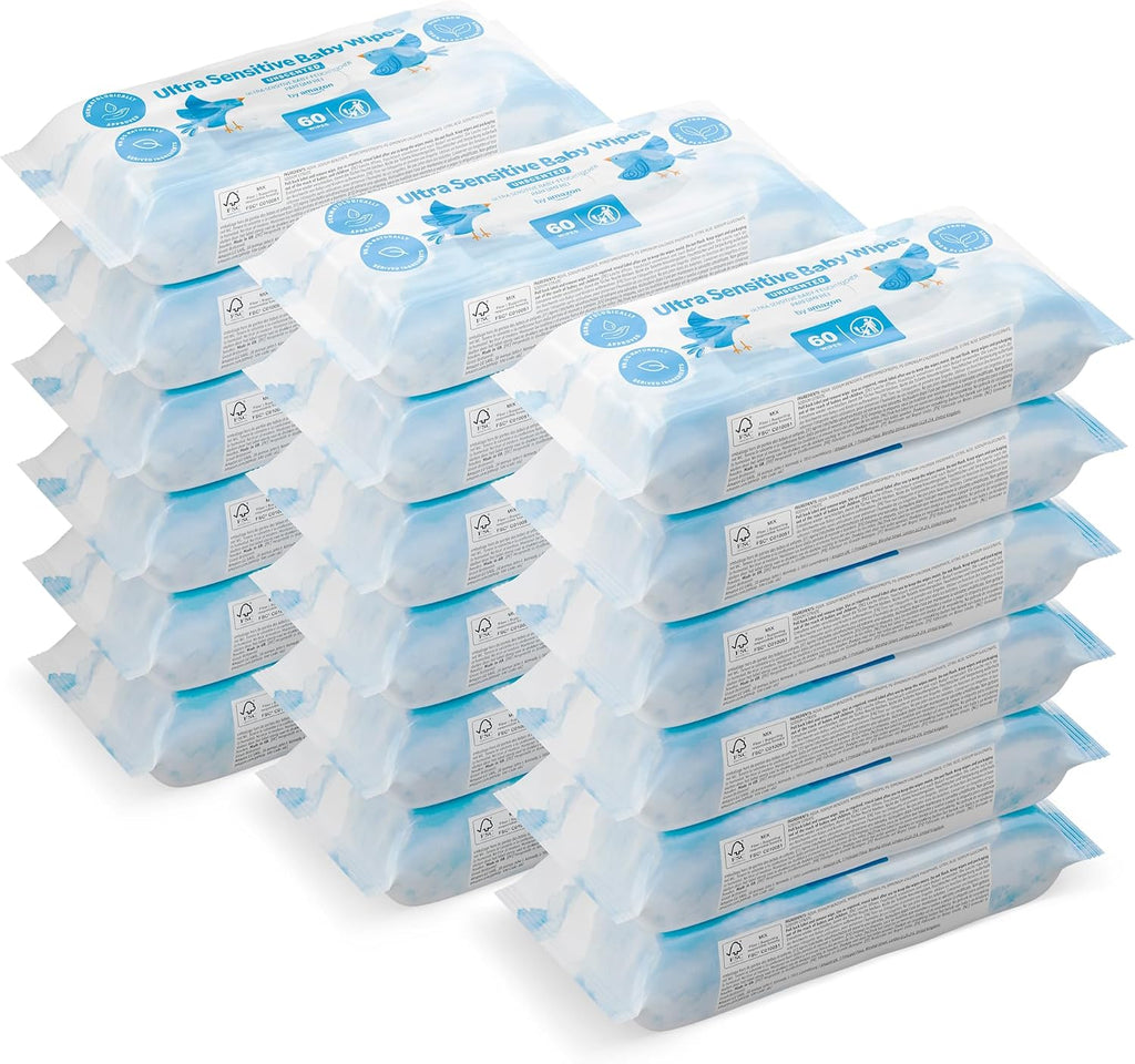 By Amazon Ultrasensitive Babyfeuchttücher, 100% Pflanzliche Fasern, 99% Wasser, 1080 Tücher, Unparfümiert, 18 Packungen À 60 Stück