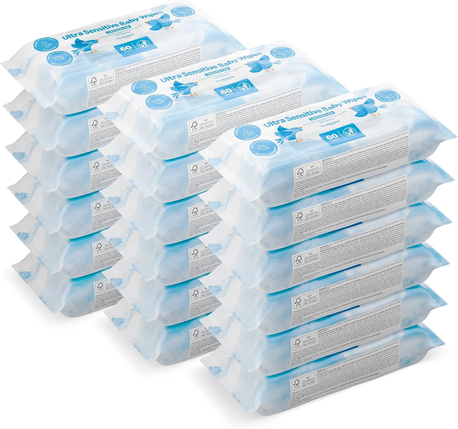 By Amazon Ultrasensitive Babyfeuchttücher, 100% Pflanzliche Fasern, 99% Wasser, 1080 Tücher, Unparfümiert, 18 Packungen À 60 Stück