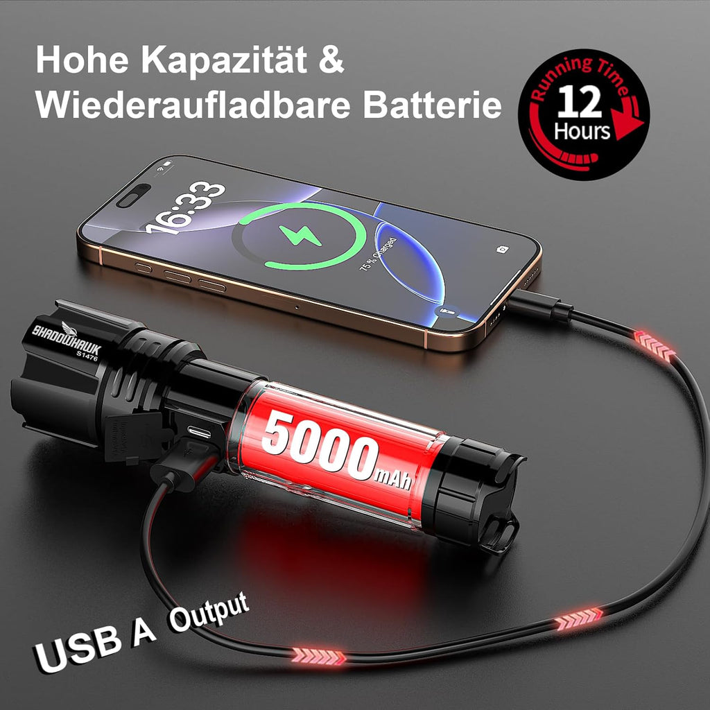 Shadowhawk Taschenlampe Led 500,000 Lumen, Extrem Hell Taschenlampe USB Aufladbar Taktische Taschenlampen Mit Holster XHP70.2, IP67 Wasserdicht 5 Lichtmodi Für Camping Wandern Notfälle