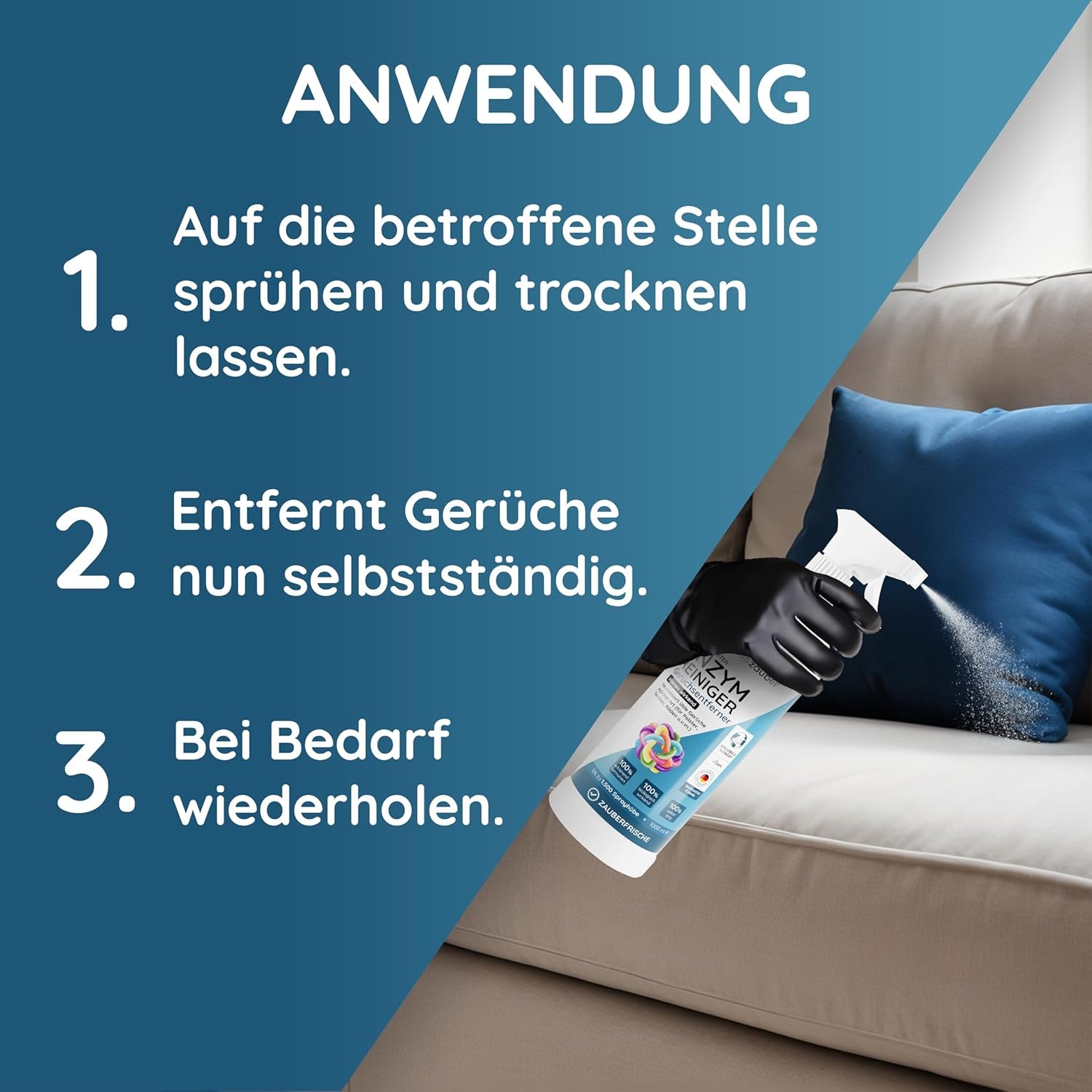 Hauszauber - Enzymreiniger [STARKER GERUCHSENTFERNER] 1000 Ml - Gegen Katzenurin, Hundeurin Etc. - Üble Gerüche Aus Sofa & Teppich Entfernen - Geruchsneutralisierer - Zauberfrische