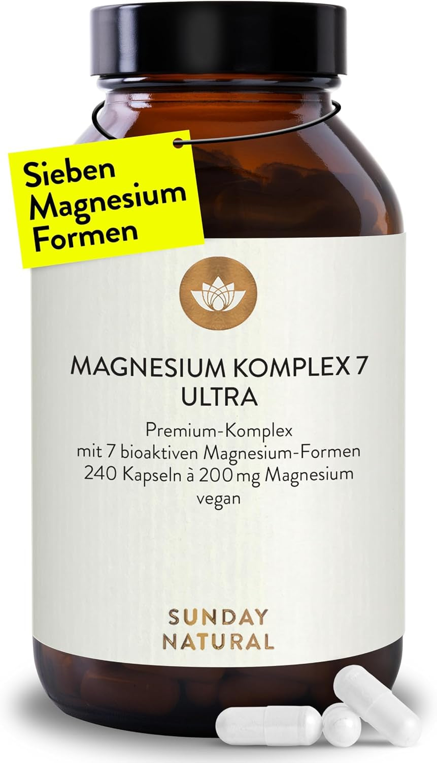 SUNDAY NATURAL® Magnesium Komplex – 240 Kapseln - 400Mg Pro Tag - Aus 7 Verbindungen: Magnesium Bisglycinat, Citrat, Malat, Laktat, Ascorbat, Oxid, Lysinat - Vegan, Laborgeprüft